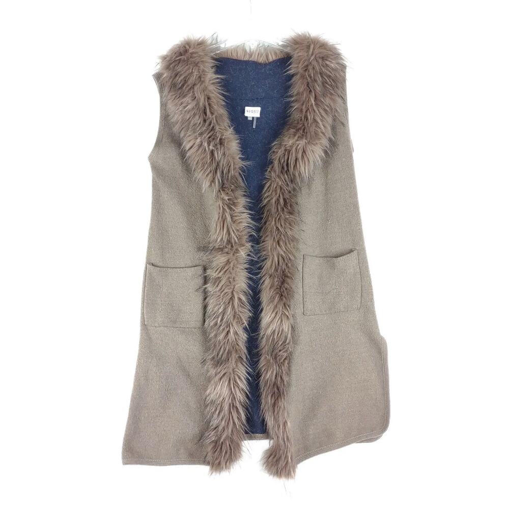 Sioni Studio Women's S/M Faux Fur Trim Long Sweater Vest Open‎ Coat +Pockets